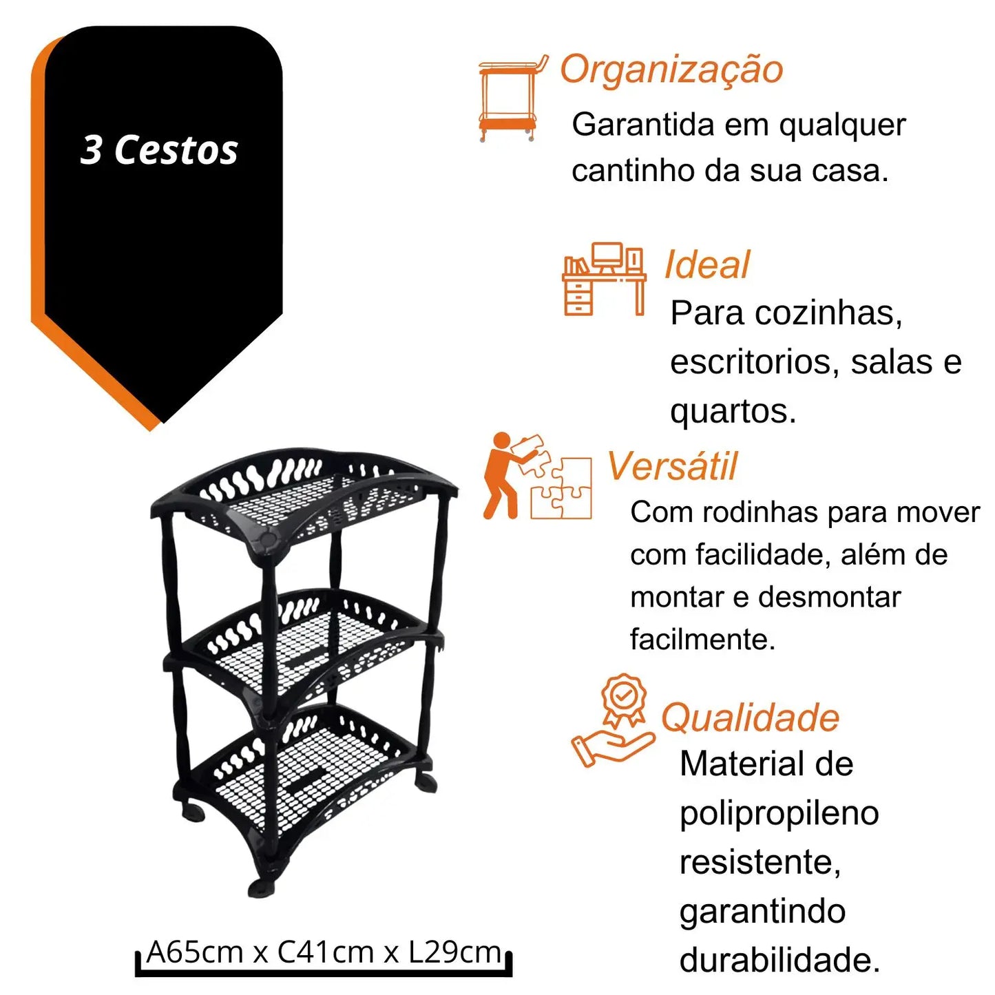 Rack de Armazenamento Organizador Telado Vertical com 3 Cestos – Praticidade e Organização