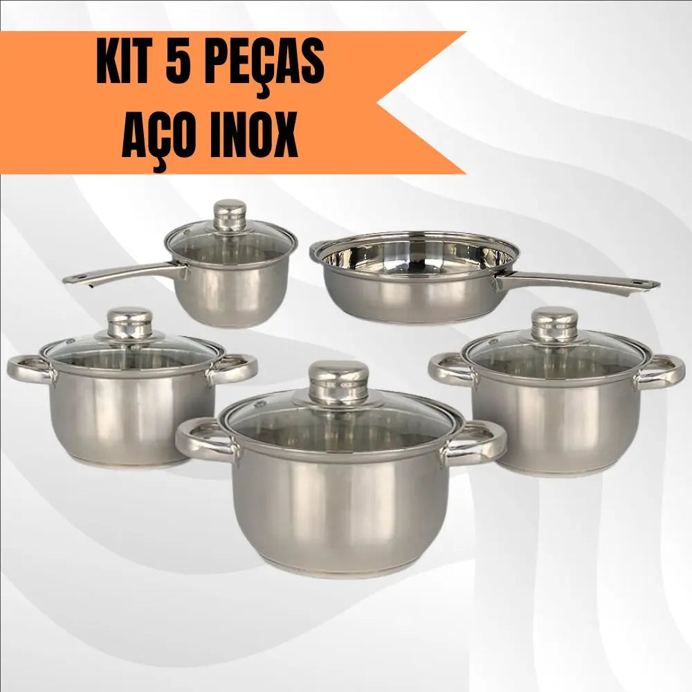 Conjunto de Panelas em Aço Inox com Tampa de Vidro – 5 Peças Gourmet