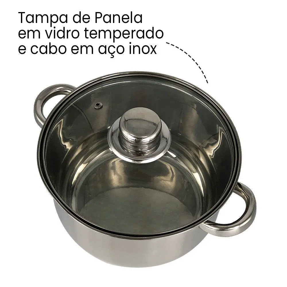 Conjunto de Panelas em Aço Inox com Tampa de Vidro – 5 Peças Gourmet