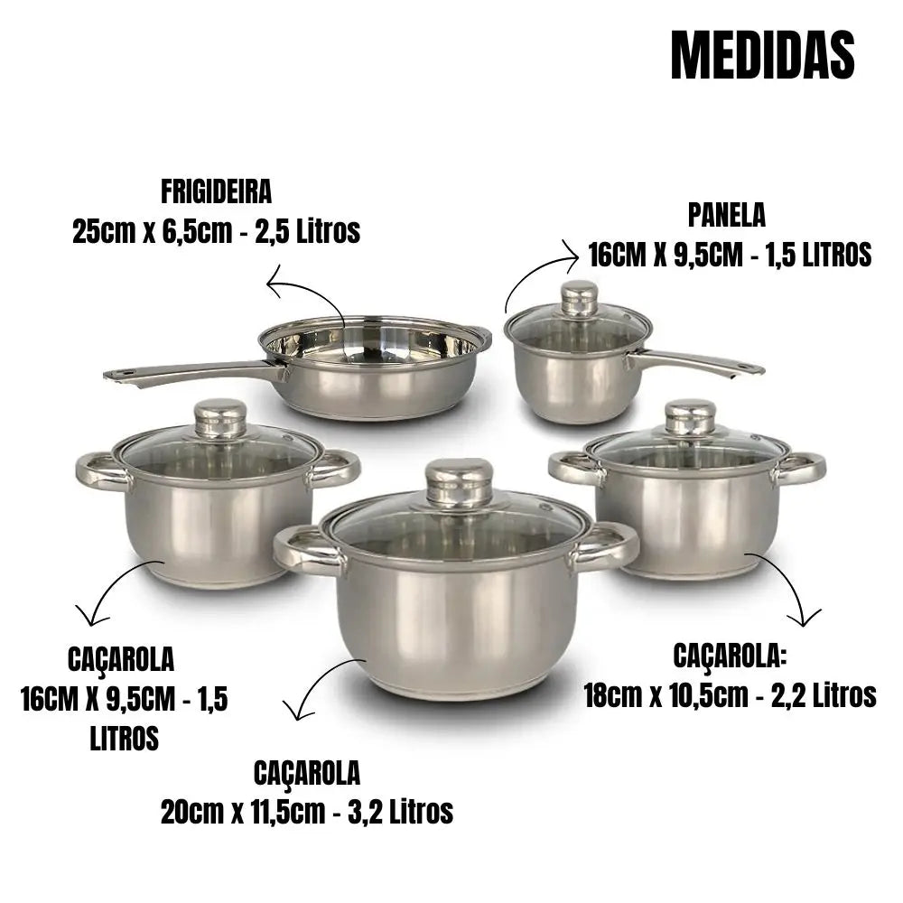 Conjunto de Panelas em Aço Inox com Tampa de Vidro – 5 Peças Gourmet