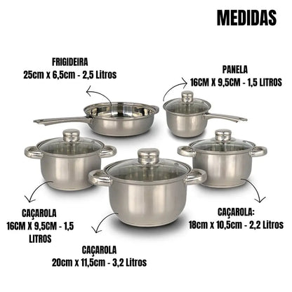 Conjunto de Panelas em Aço Inox com Tampa de Vidro – 5 Peças Gourmet